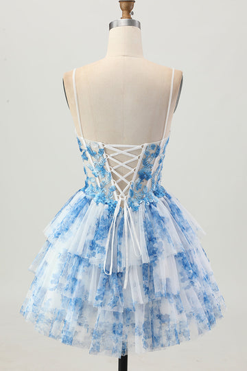 White Blue Flower A Line Corset Tiered Short Homecoming Dress
